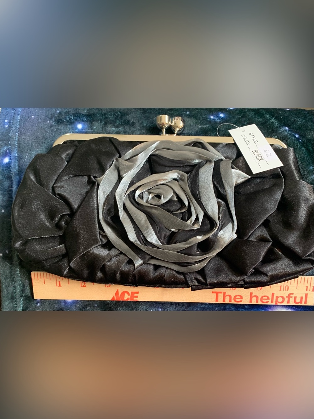 Black Satin Rose Clutch with Silver Ribbon Detail